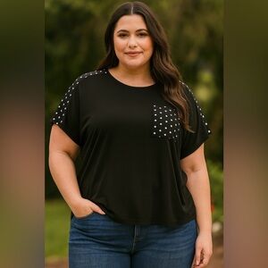 3X 22 24 Plus Size BloomChic Polka Dot Batwing Sleeve Pocket T Shirt Tee
